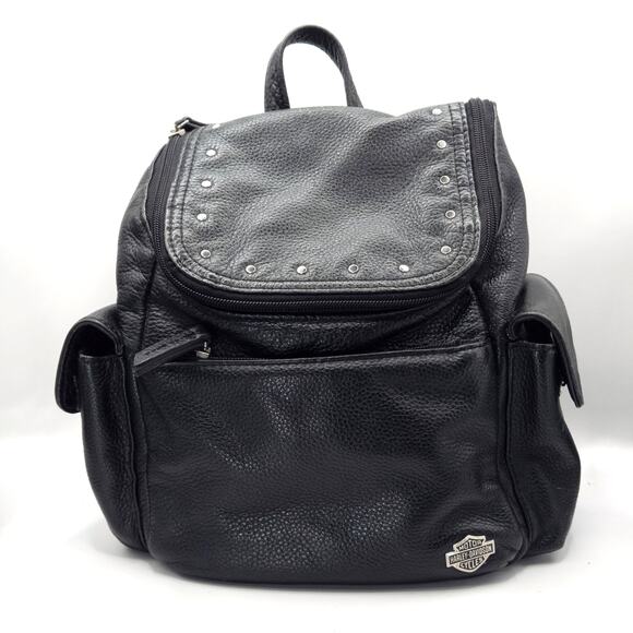 Harley-Davidson Women’s Mini Biker Backpack Black Pebbled Leather Studded Logo - Picture 1 of 11